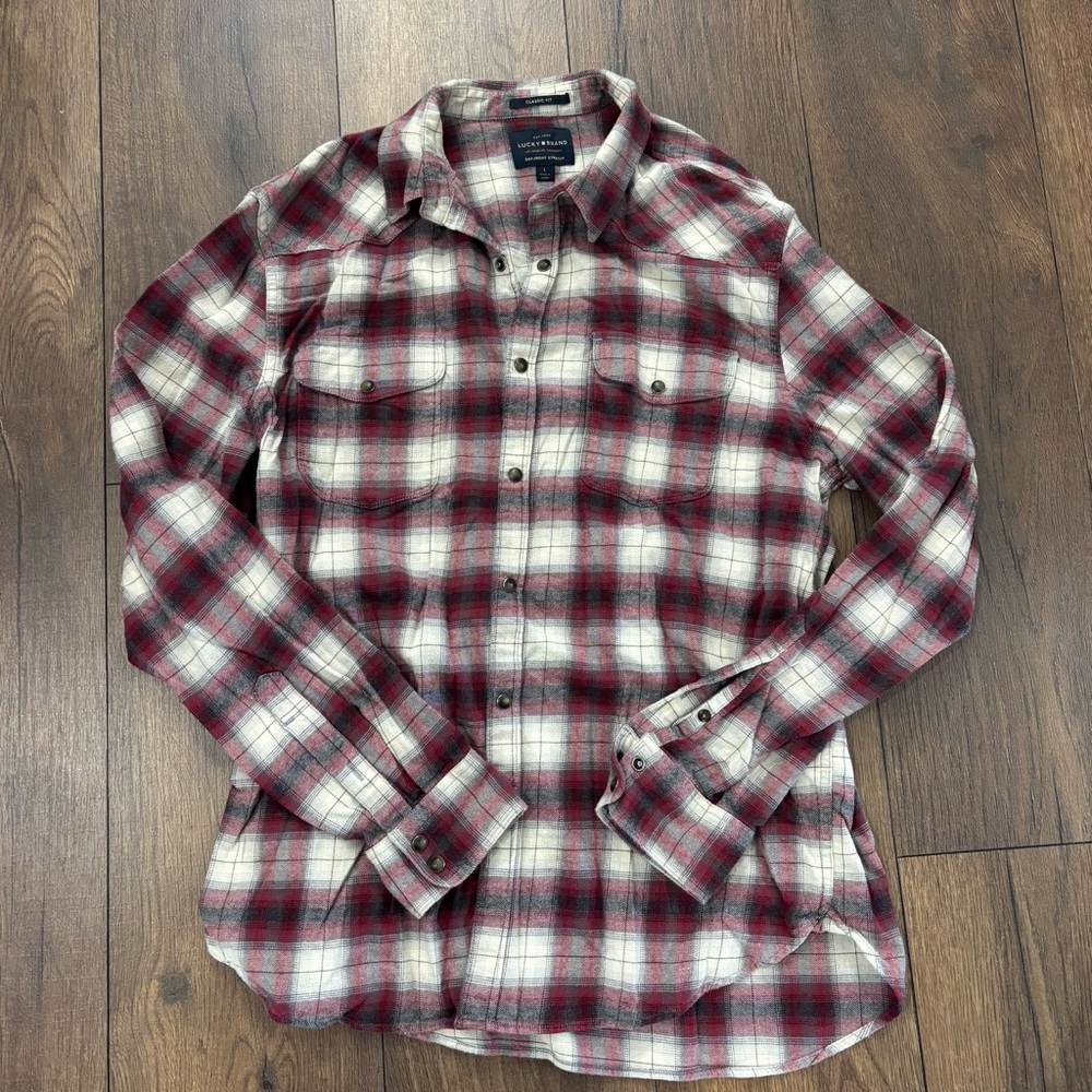 Lucky Brand Saturday Stretch Classic Fit Plaid Snap Button Up Shirt, Large